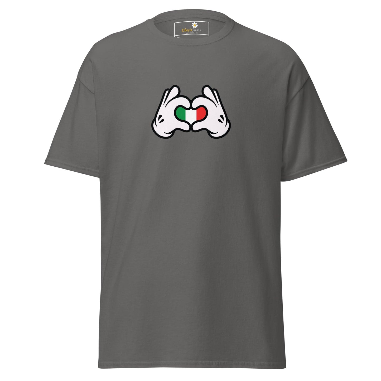 Gray t-shirt with cartoon hands forming a heart with the Italian flag.