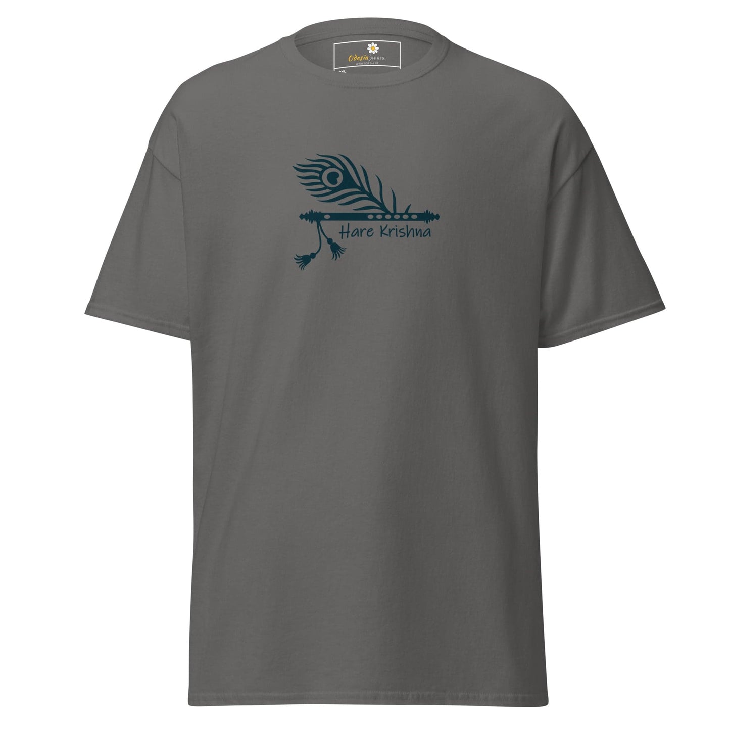 Gray T-shirt featuring a peacock feather and flute design for Men and Women in sizes 2XL to 5XL