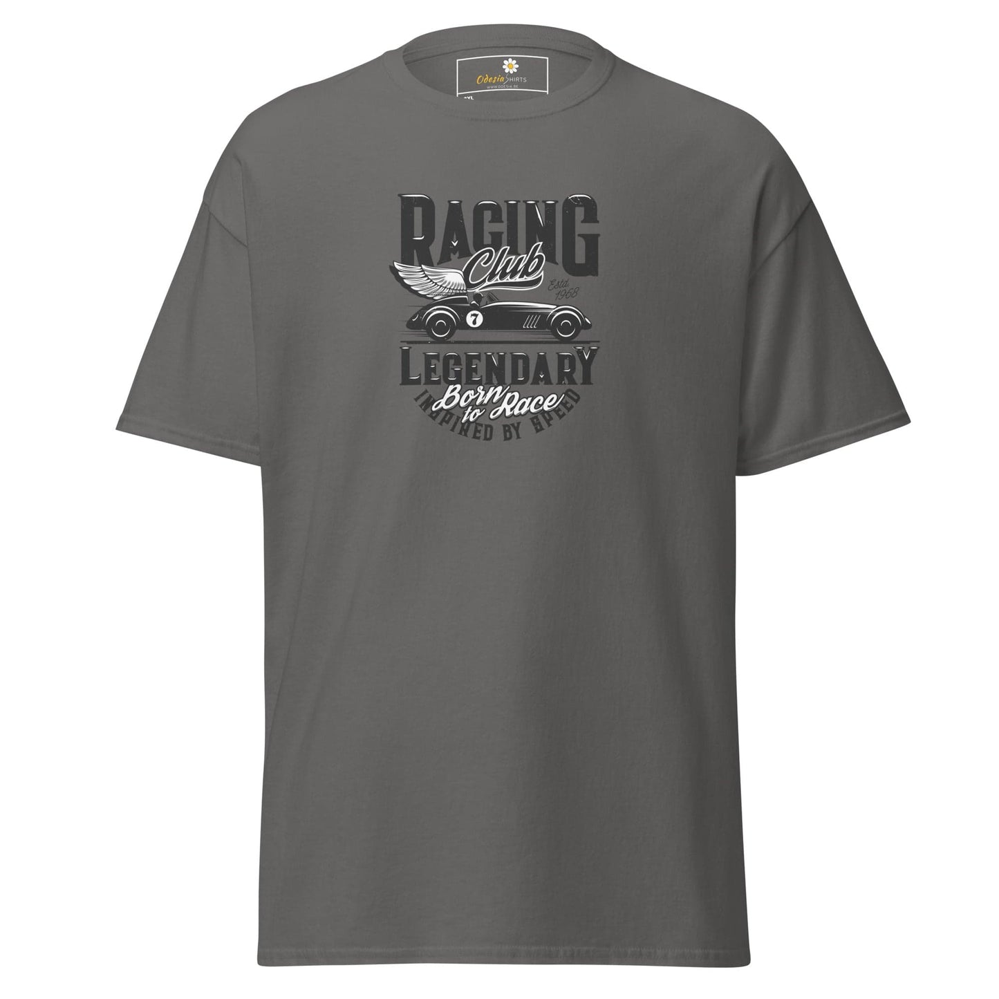 Gray t-shirt with racing graphic.