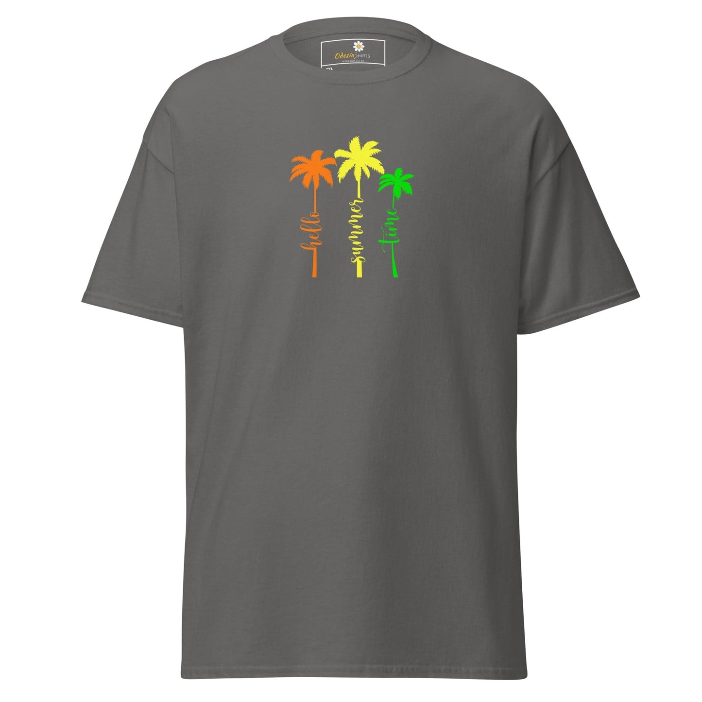 Gray t-shirt with colorful palm tree design.