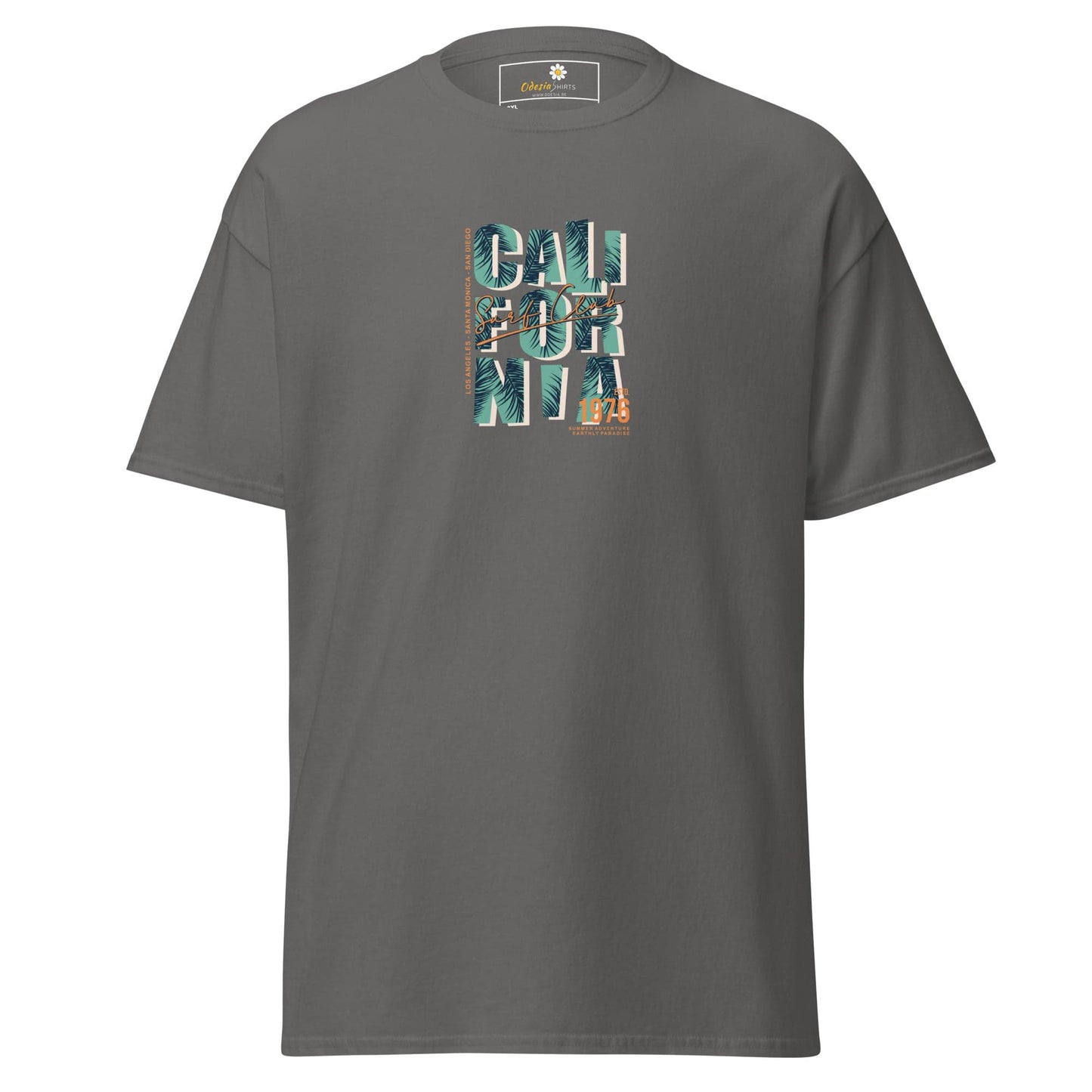 Gray t-shirt with ’California’ graphic.