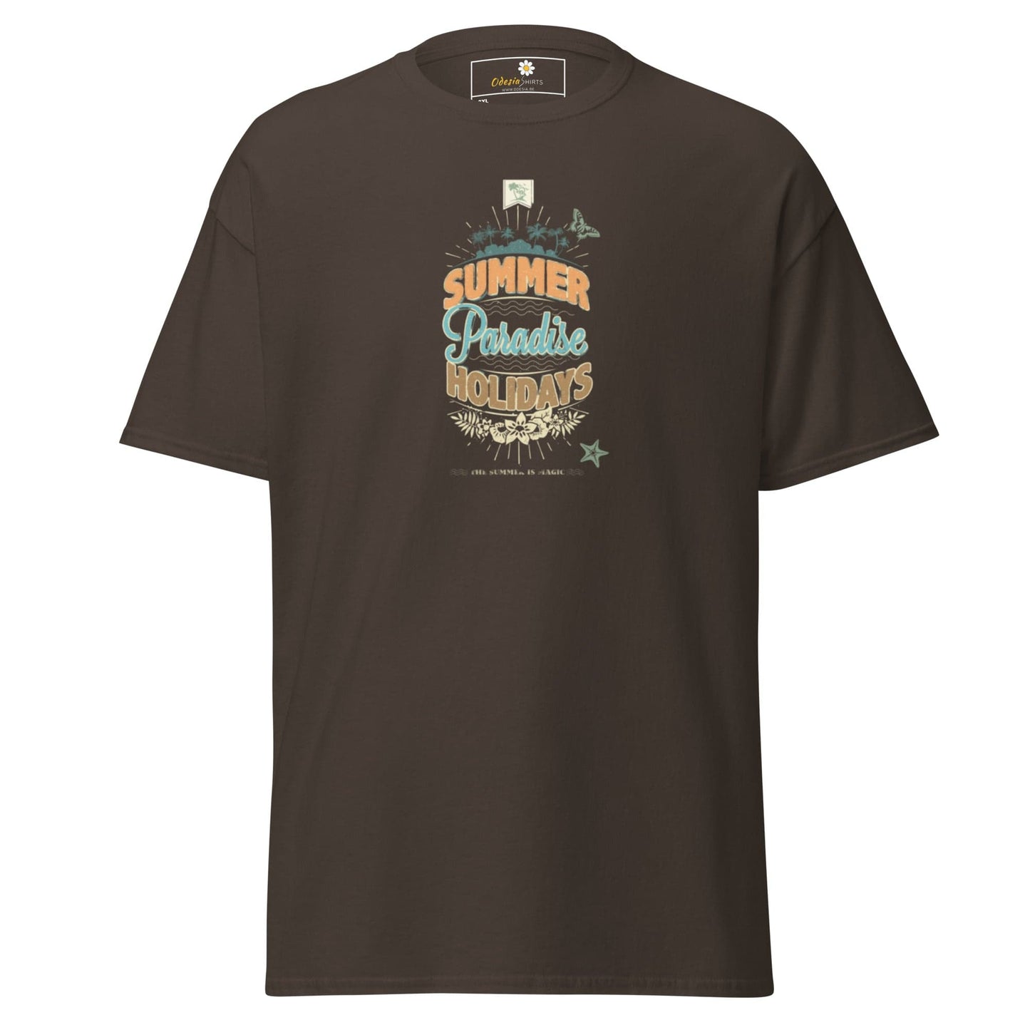 Brown t-shirt with ’Summer Paradise Holidays’ graphic.