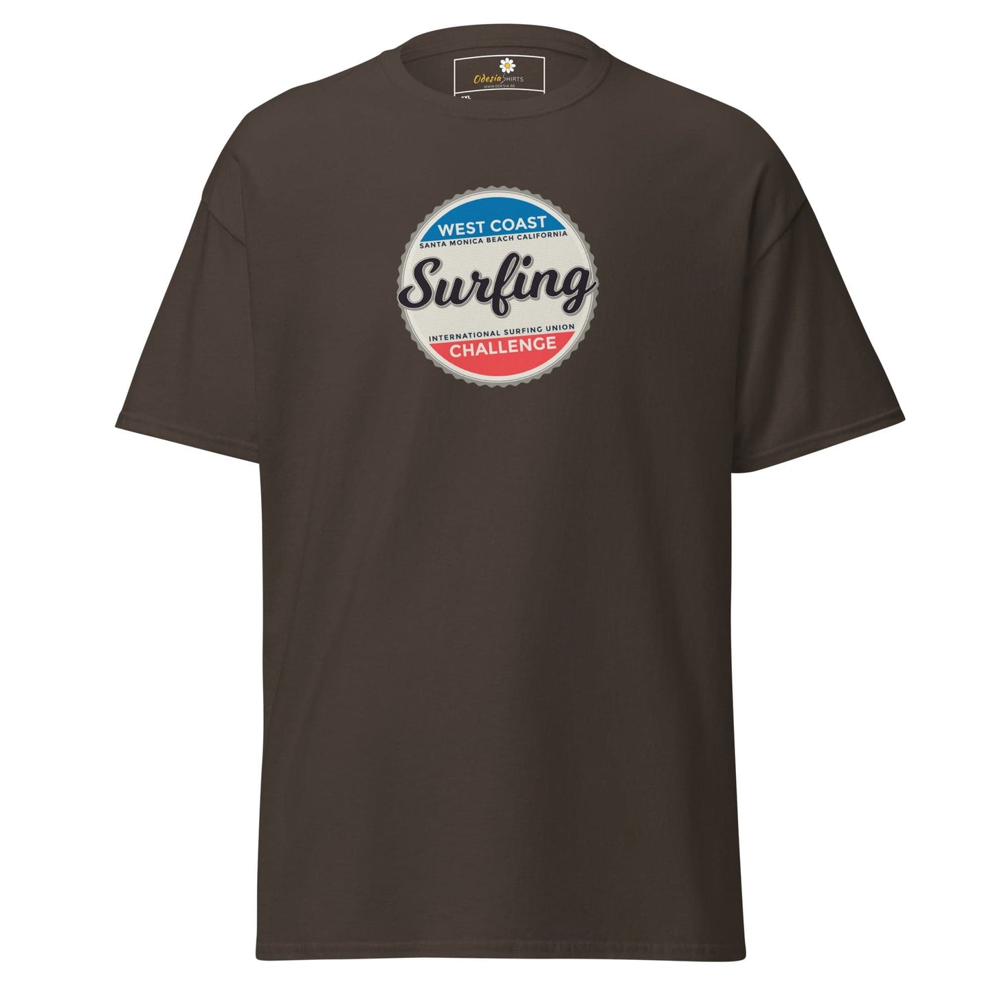 Brown t-shirt with surfing graphic.