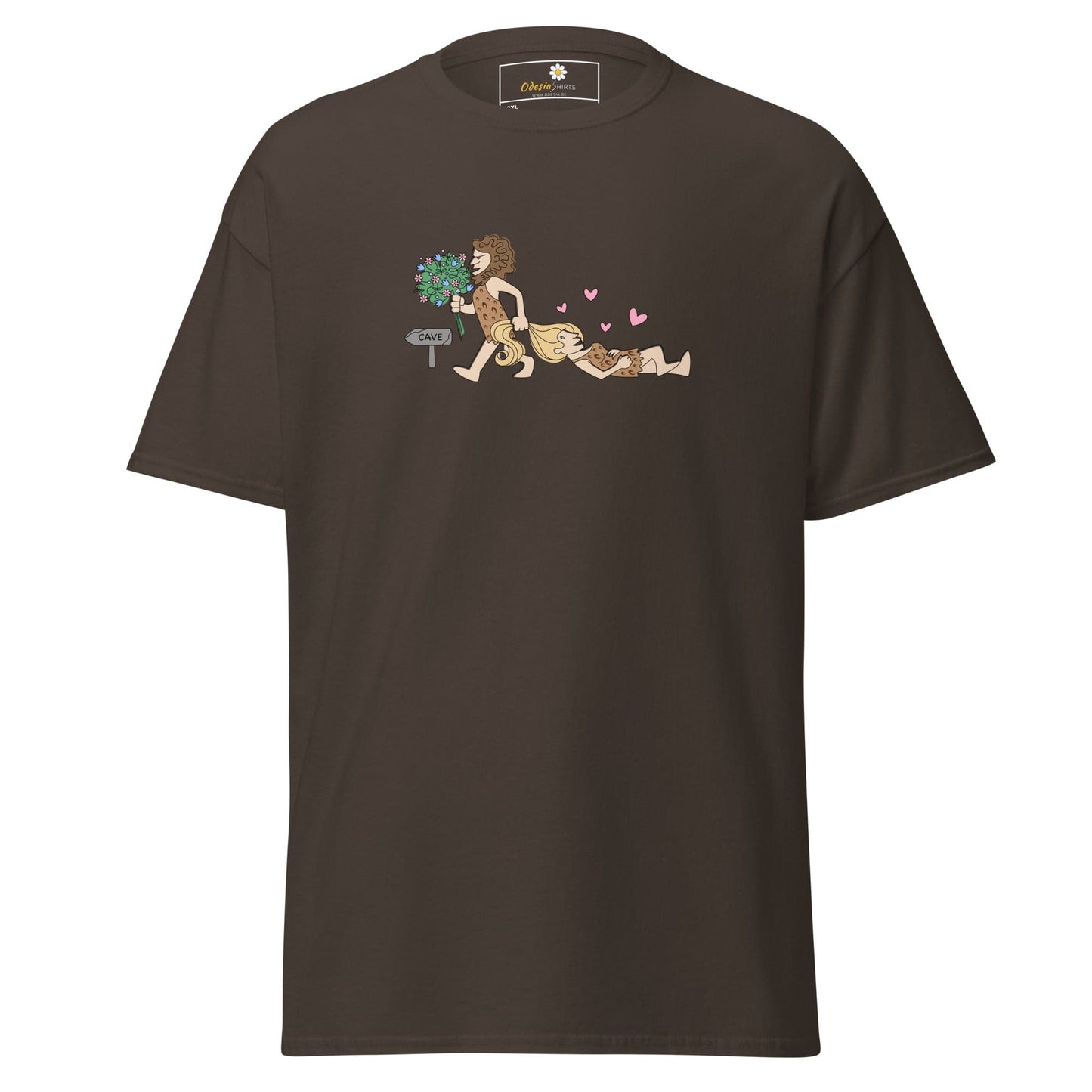 Brown T-shirt with caveman graphic, available in 2XL to 5XL sizes for men and women