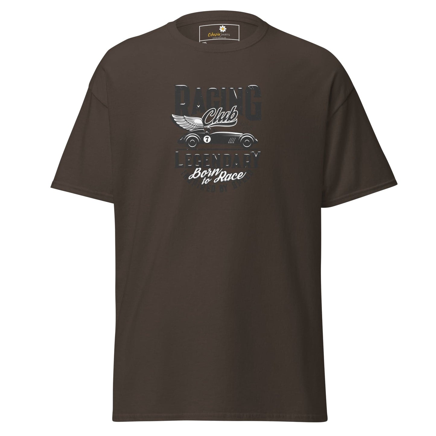 Brown t-shirt with racing car graphic.