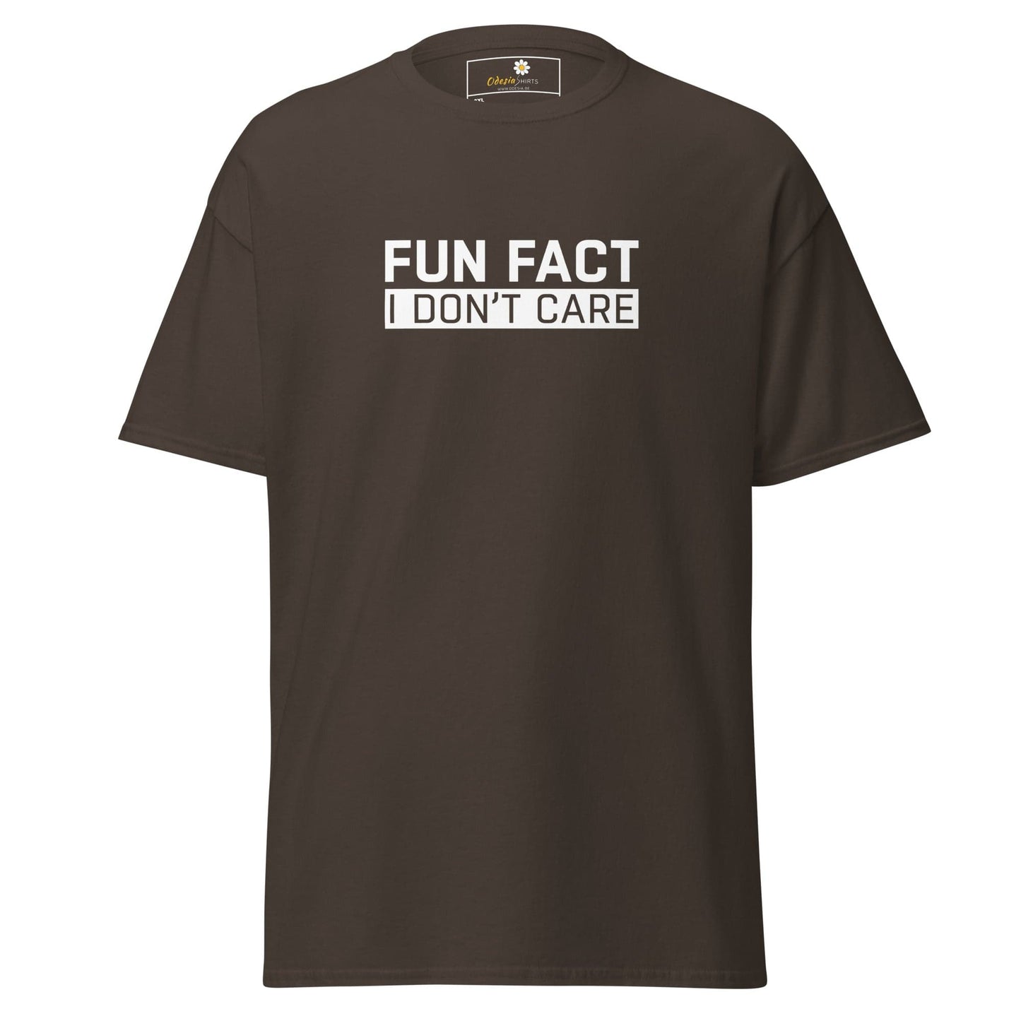 Brown t-shirt with white text.