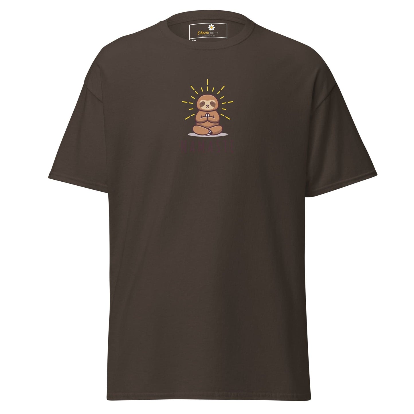Brown t-shirt with meditating sloth.