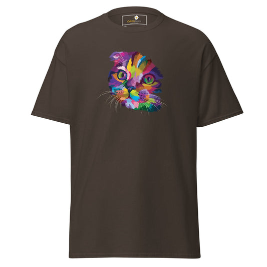 Brown T-shirt with colorful cat graphic, available in men and women sizes 2XL to 5XL