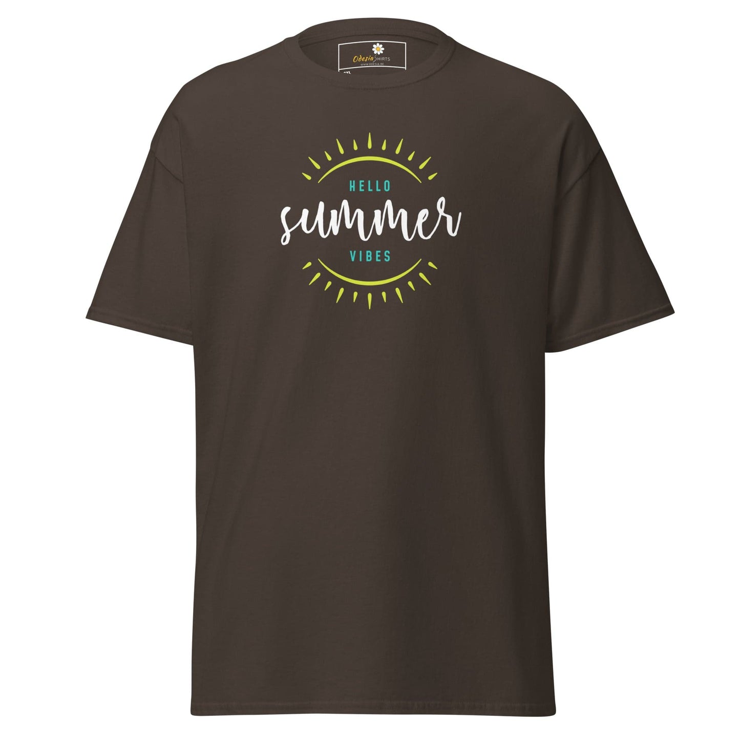 Brown t-shirt with ’Hello Summer Vibes’ graphic.