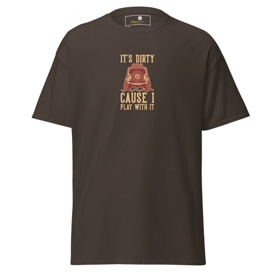 Brown t-shirt with off-road vehicle graphic.