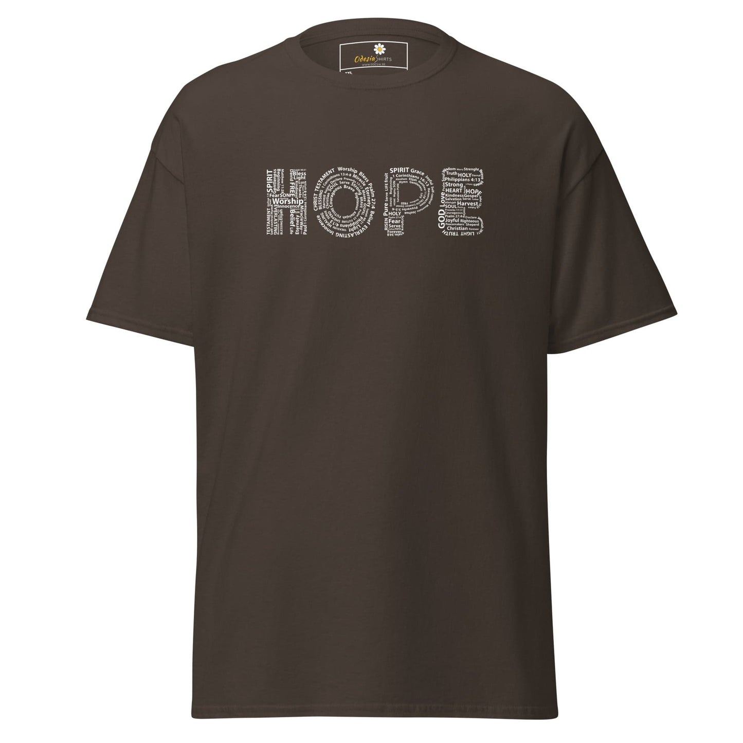 Brown t-shirt with ’HOPE’ graphic.
