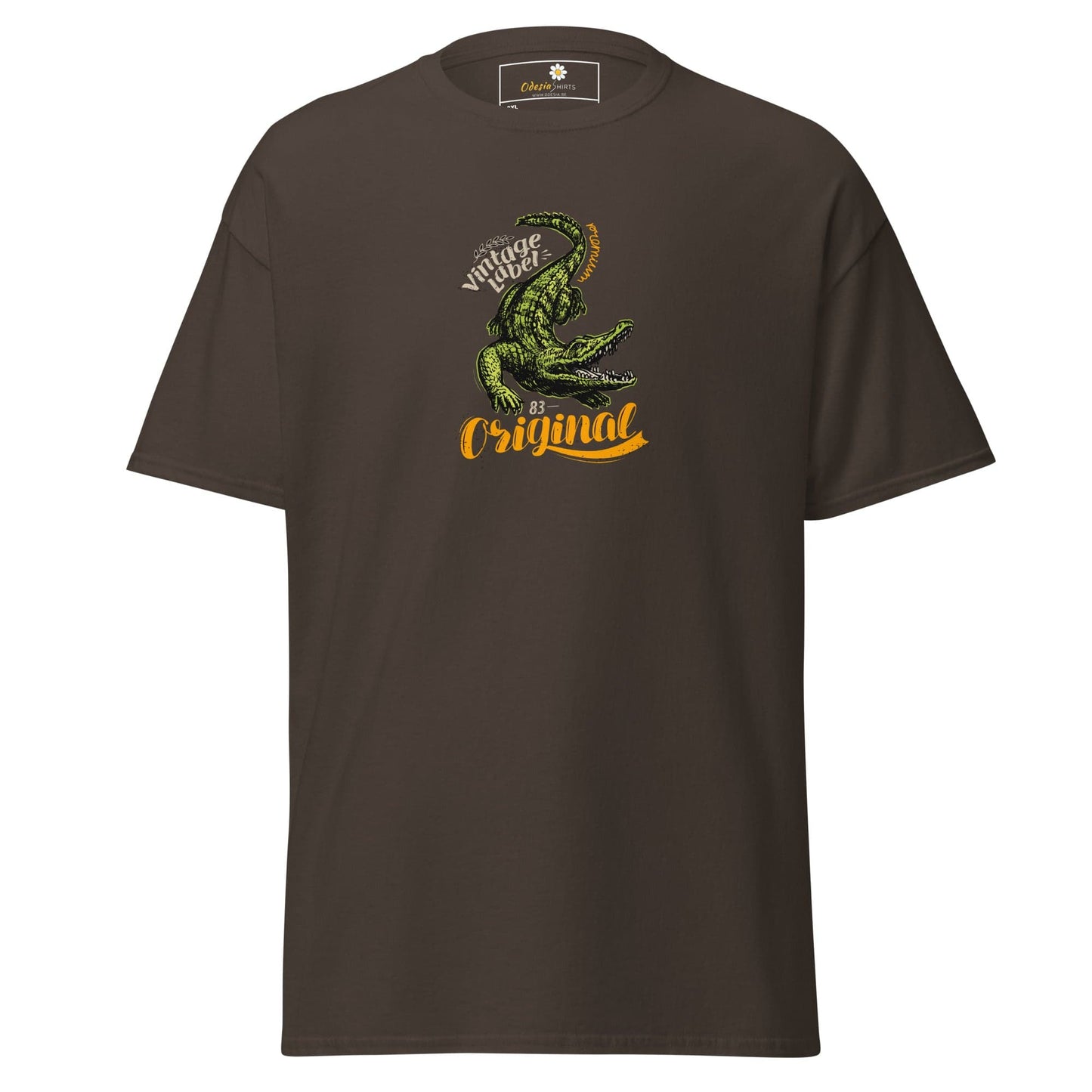 Brown t-shirt with crocodile graphic.