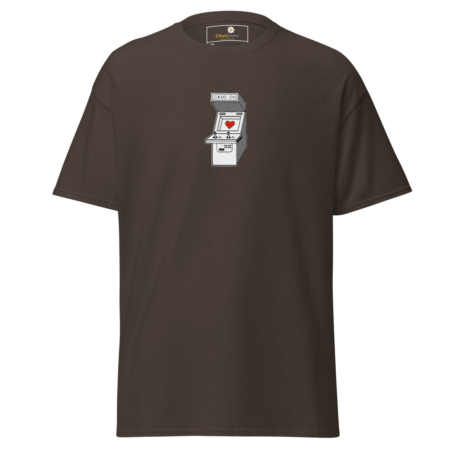 Brown T-shirt with arcade game graphic for MEN and WOMEN in sizes 2XL to 5XL