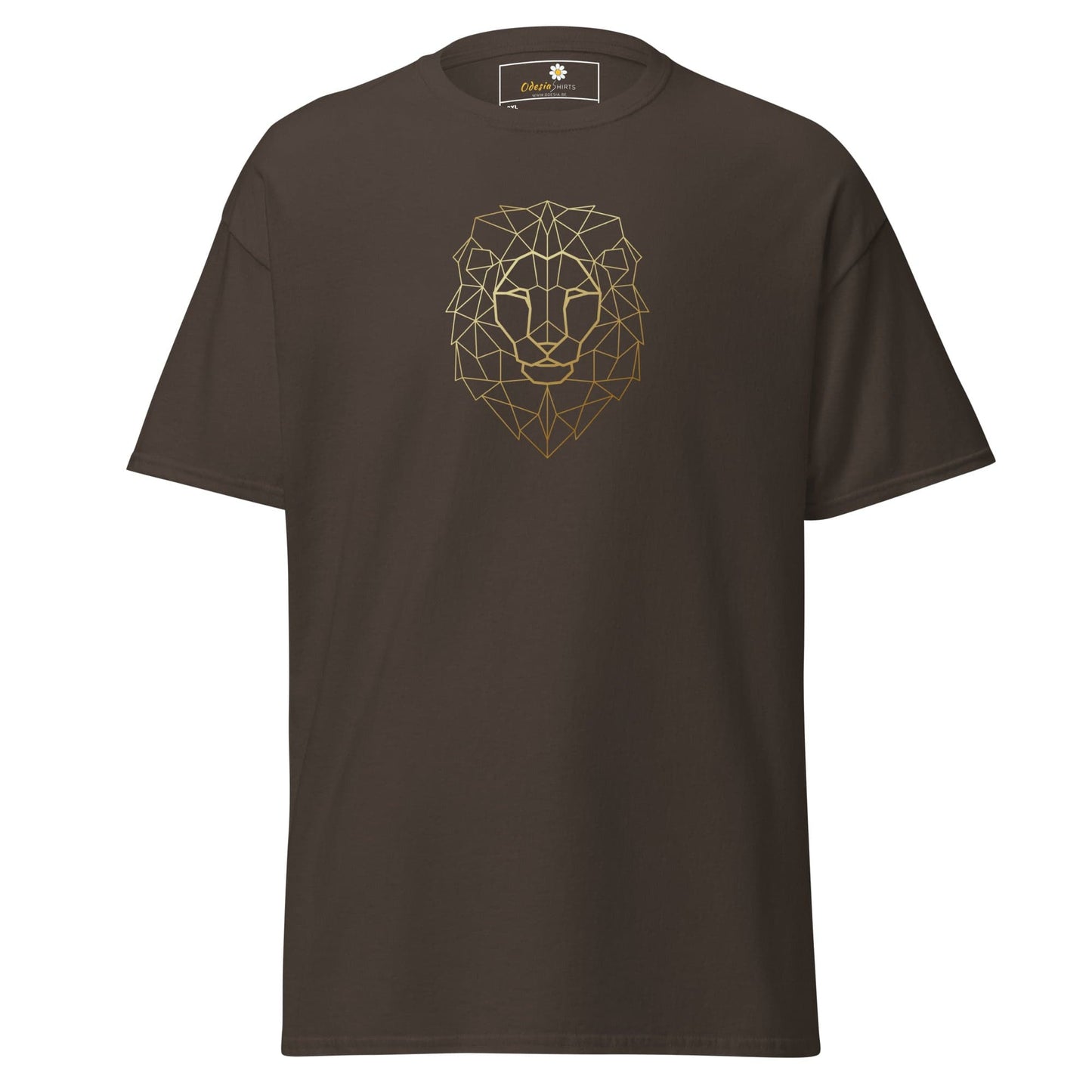 Brown T-shirt with geometric lion design for men and women in sizes 2XL to 5XL