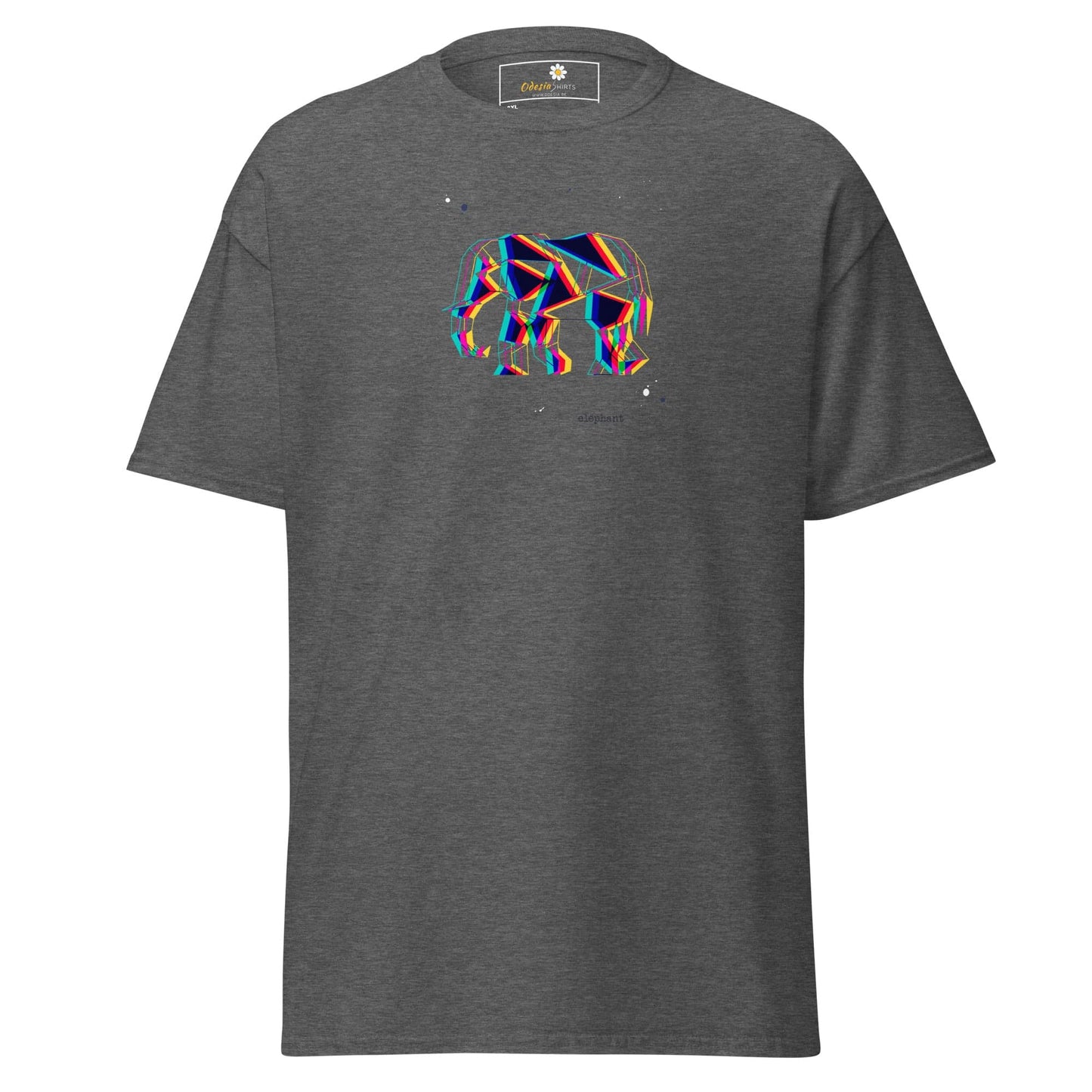 Gray t-shirt with geometric elephant design.
