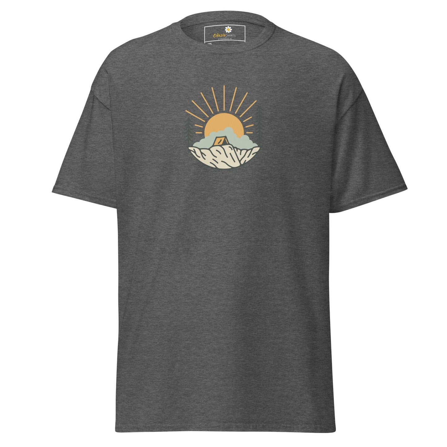 Gray t-shirt with camping graphic.