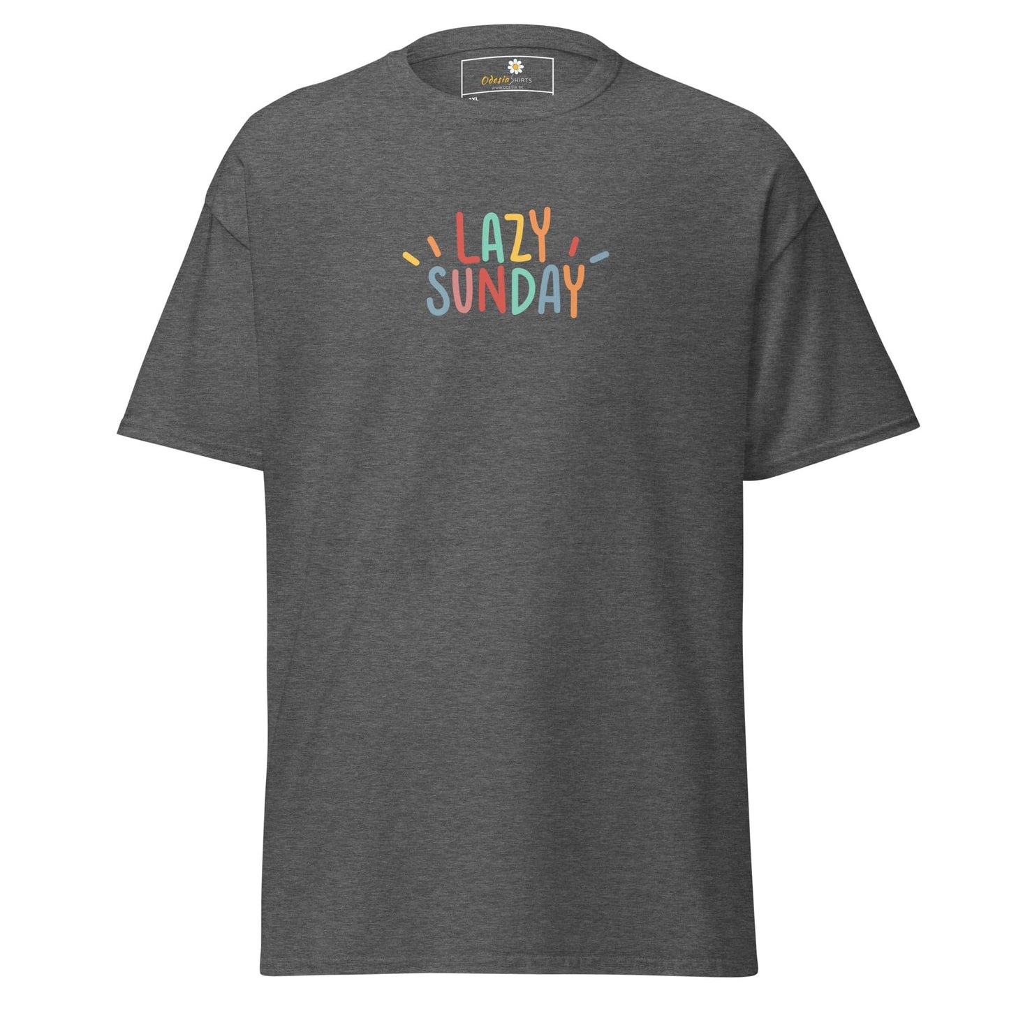 Gray t-shirt with ’Lazy Sunday’ text.