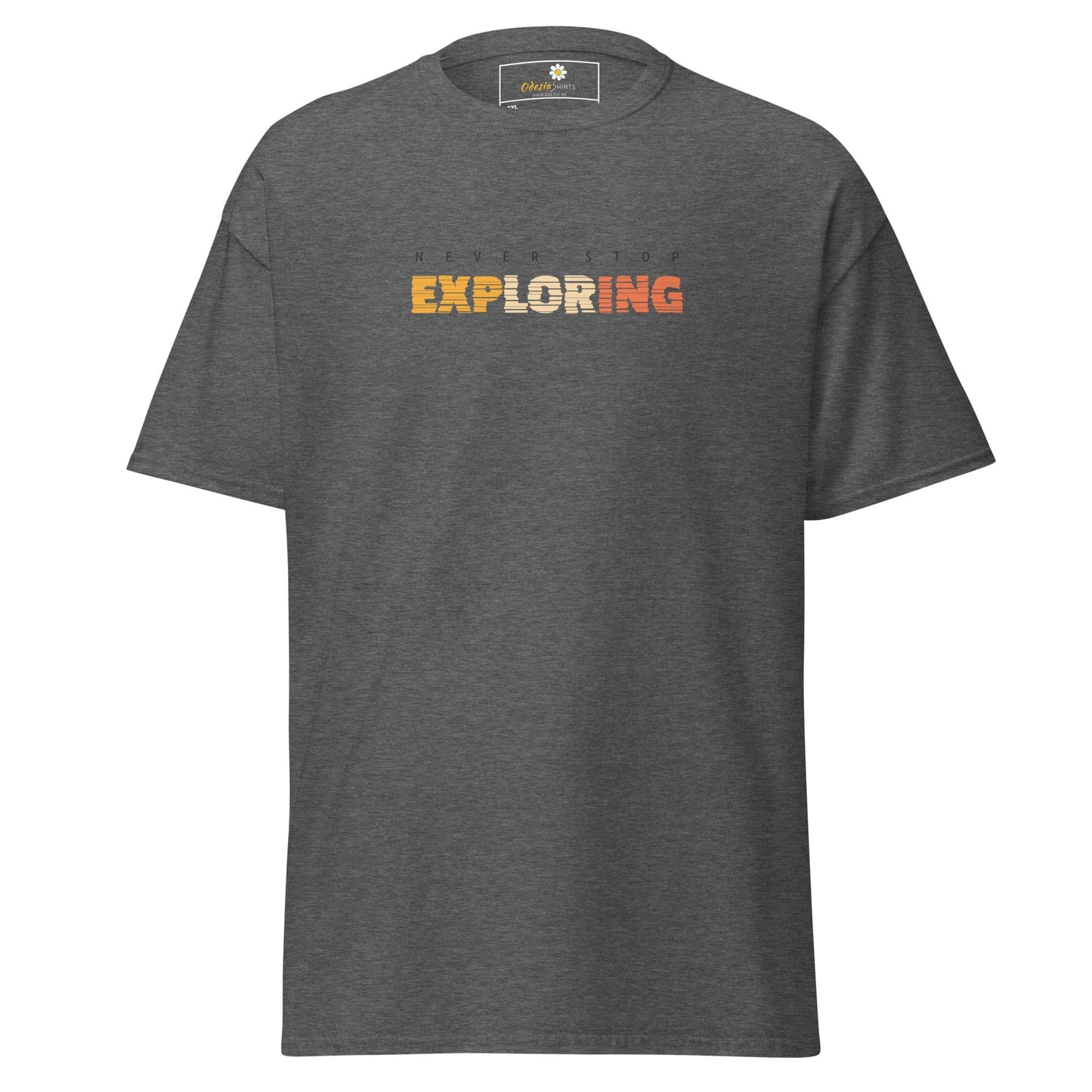Gray T-shirt with Never Stop Exploring text for Men and Women sizes 2XL to 5XL