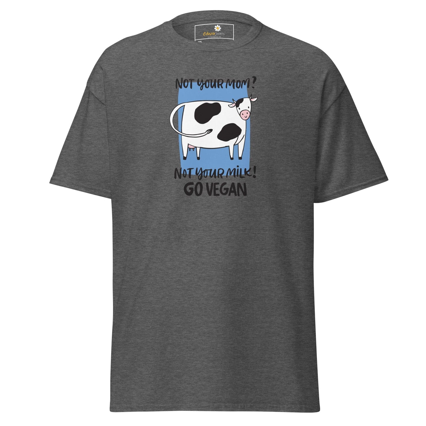 Gray t-shirt with a cow graphic.