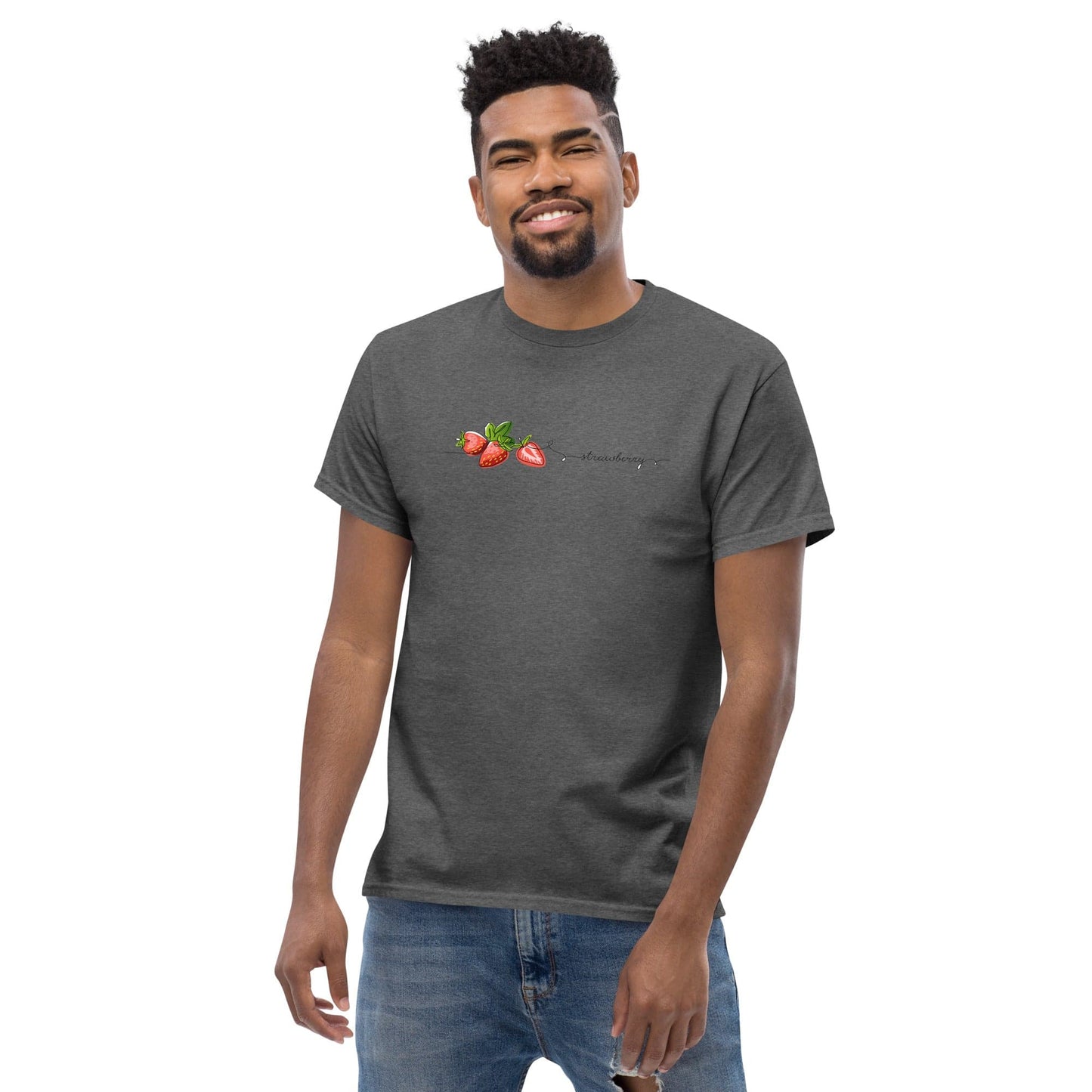 Gray t-shirt with strawberry design.