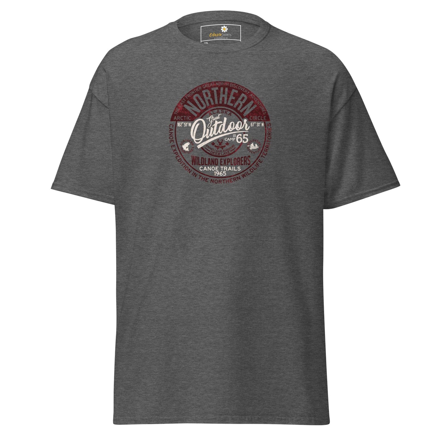 Gray t-shirt with circular graphic.