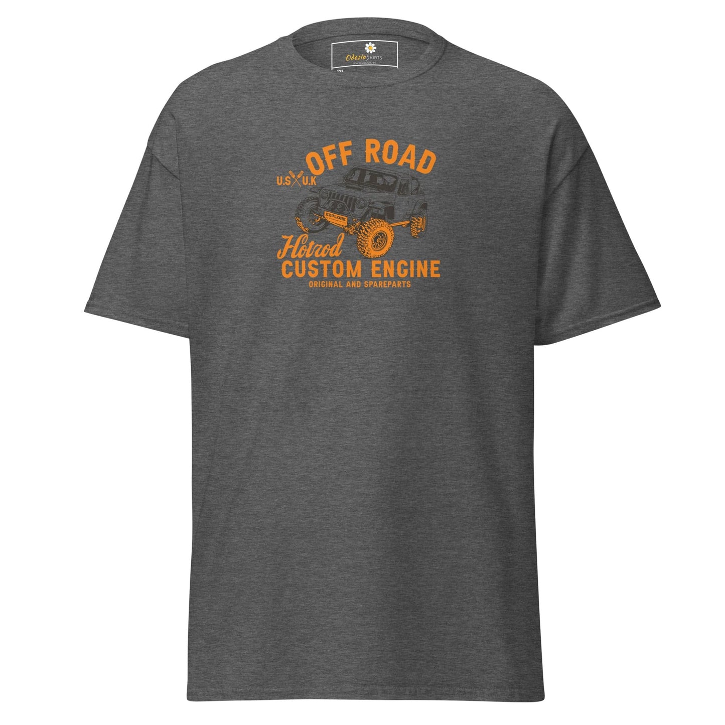 Gray t-shirt with off-road vehicle graphic.