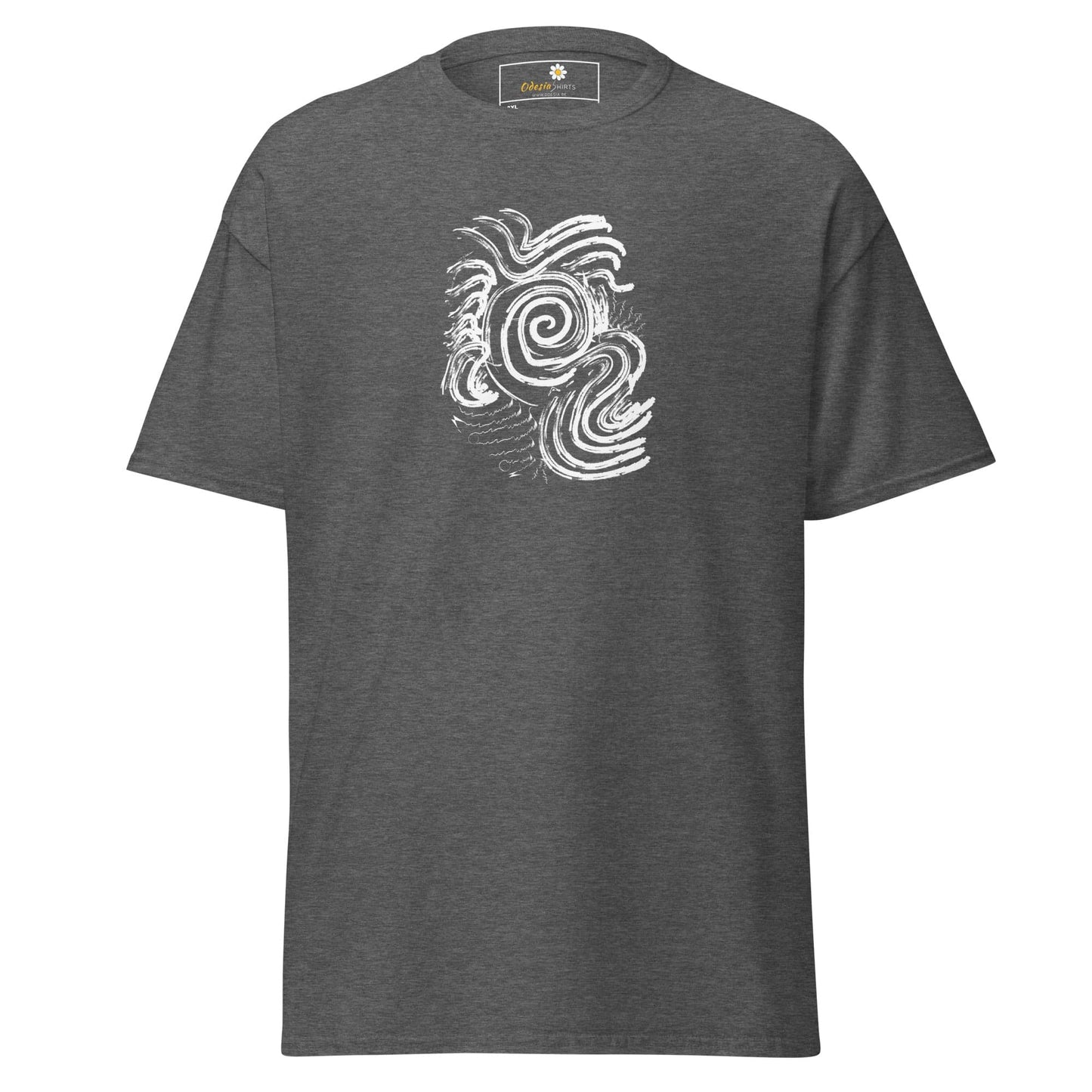 Gray T-shirt with white abstract design for men and women in sizes 2XL to 5XL