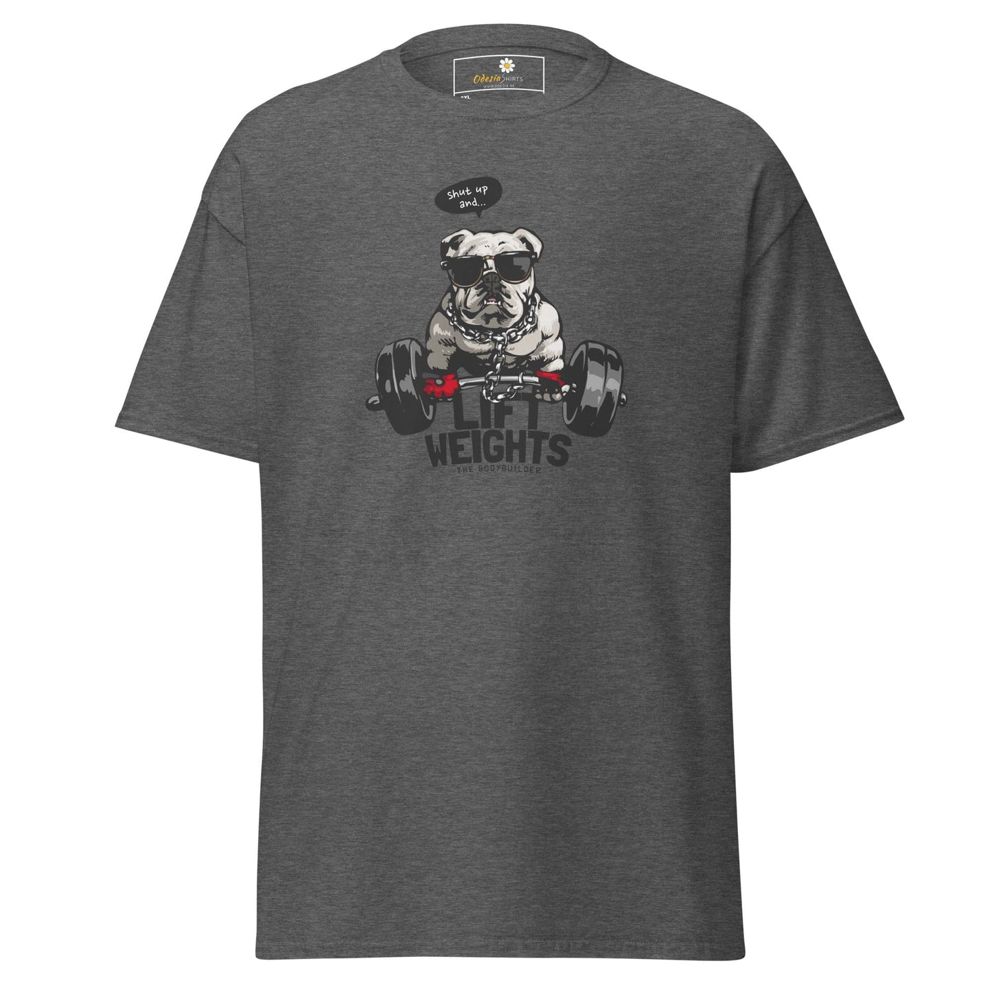 Gray t-shirt with bulldog weightlifter graphic.