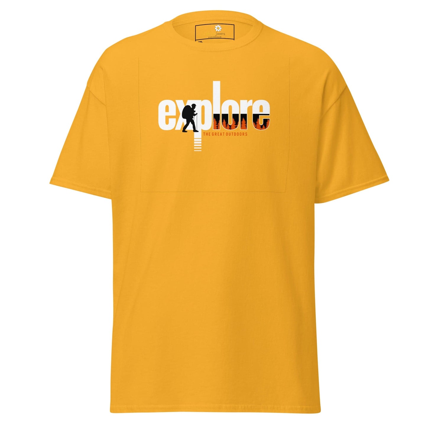 Yellow t-shirt with ’explore’ graphic.