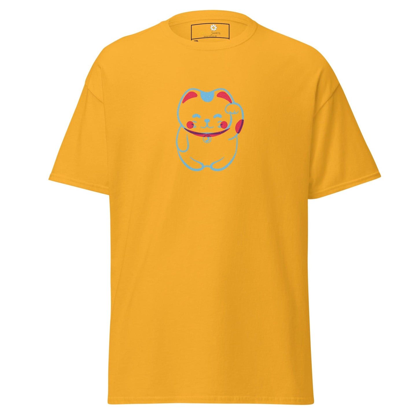 Yellow T-shirt with cartoon cat design, available in Men’s and Women’s sizes 2XL to 5XL
