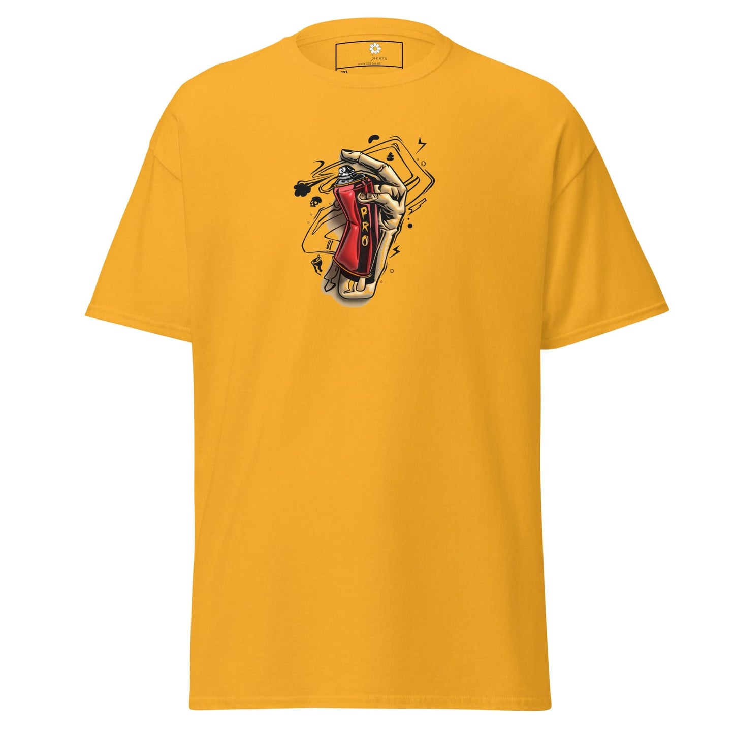 Yellow t-shirt with graphic design.
