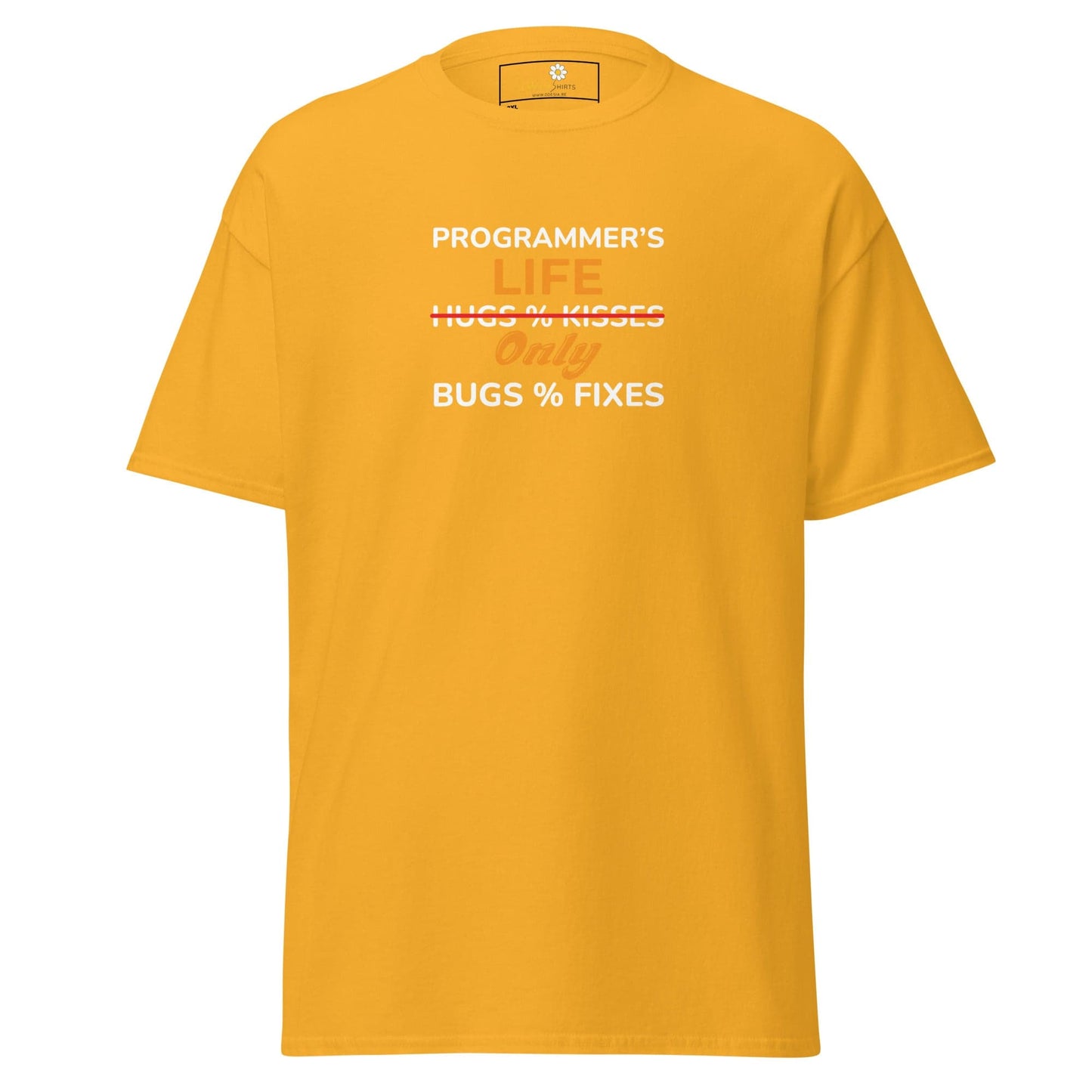 Yellow t-shirt with programmer humor.