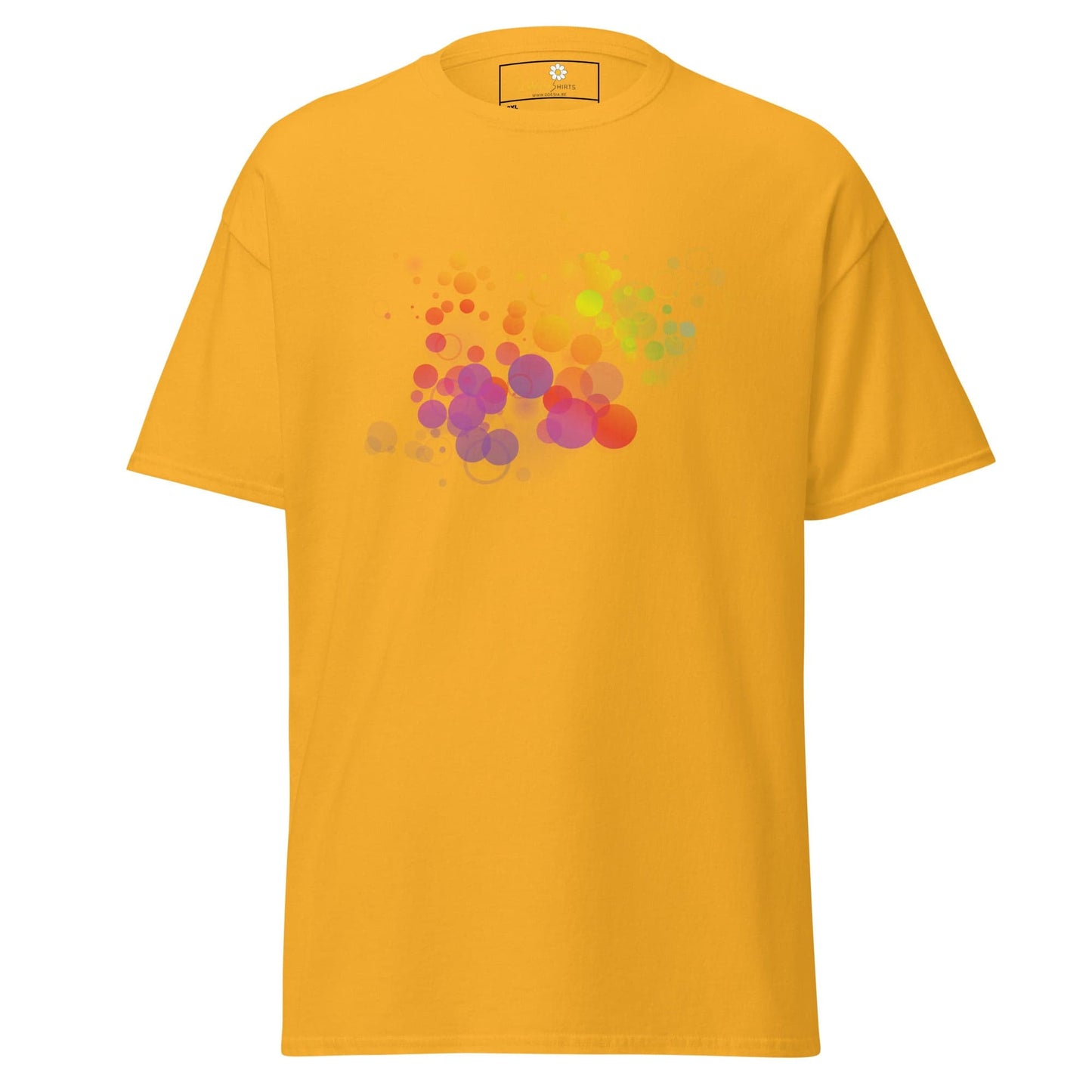 Mustard-yellow T-shirt with colorful bubble design for Men and Women in sizes 2XL to 5XL