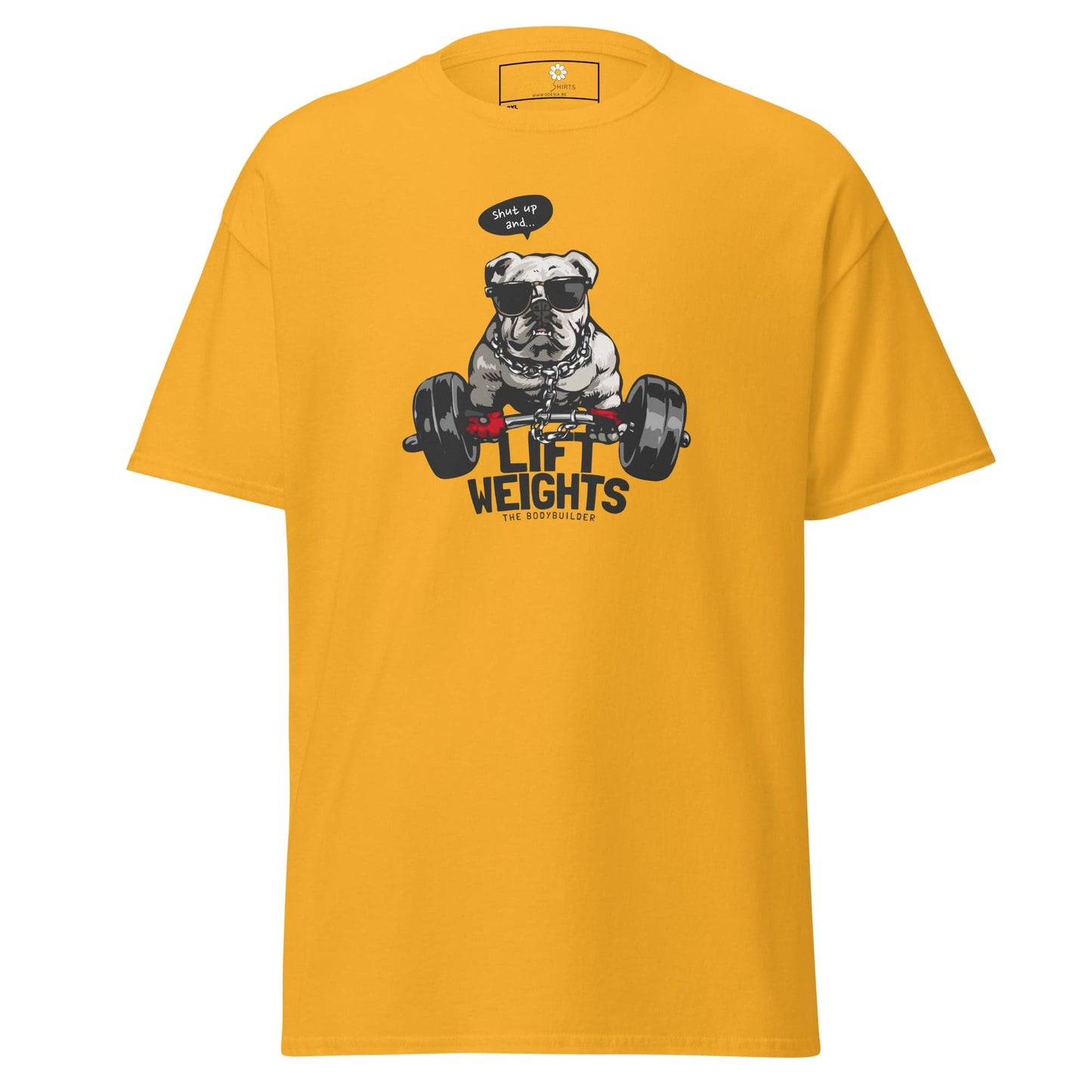 Yellow t-shirt with dog weightlifter graphic.