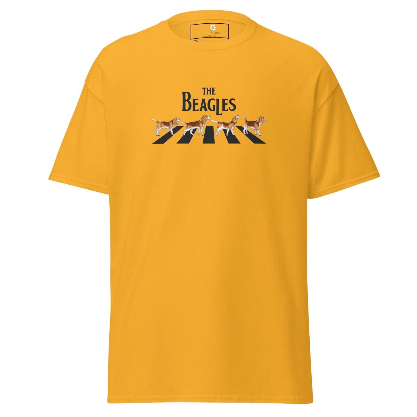 Yellow t-shirt with ’The Beagles’ graphic.