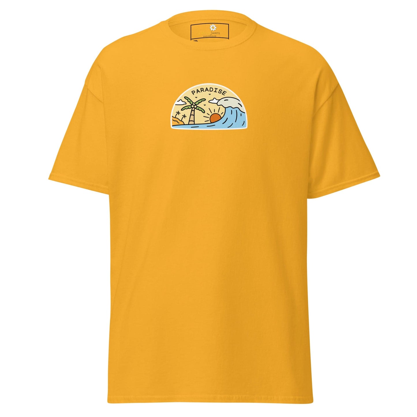 Yellow t-shirt with ’Paradise’ graphic.