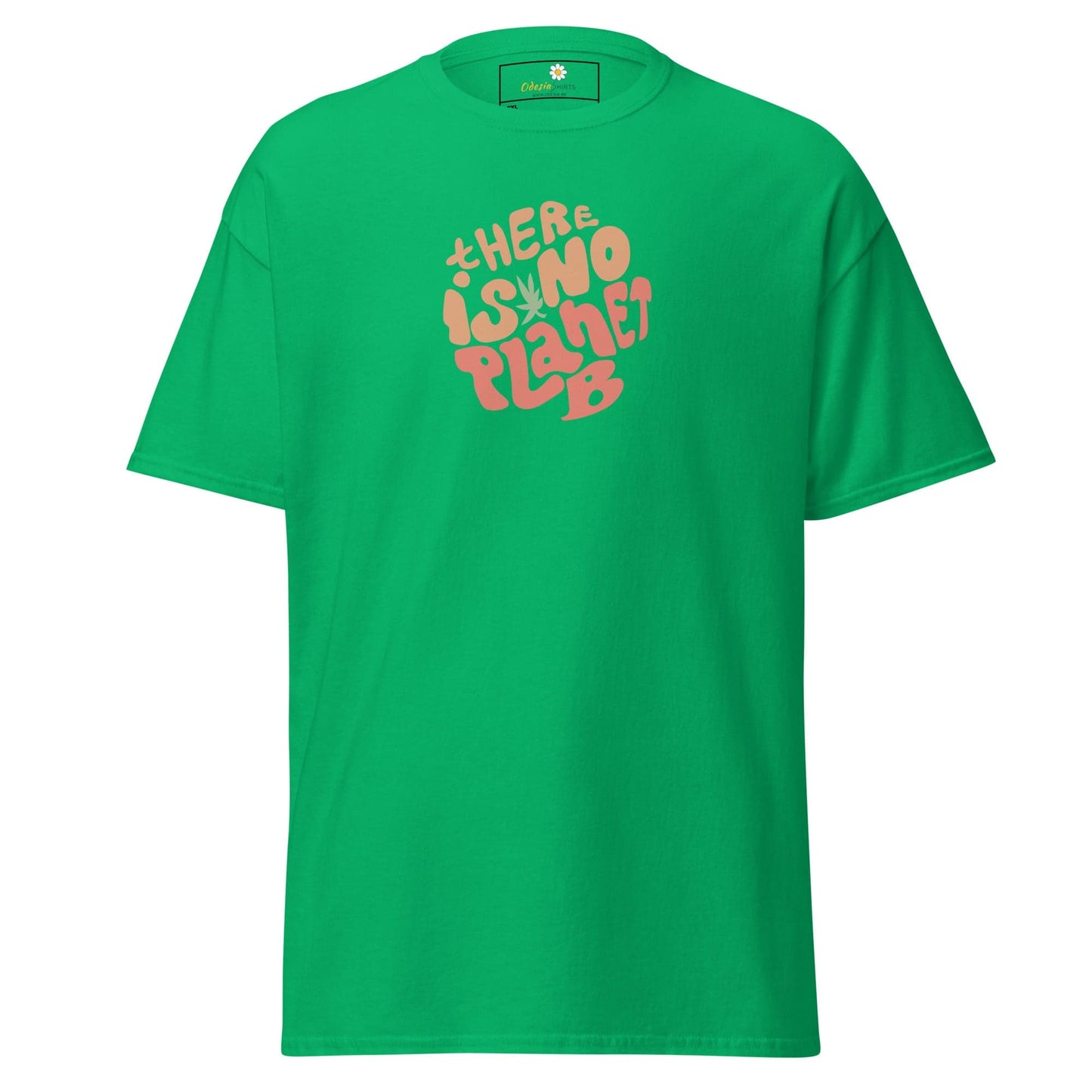 Green t-shirt with ’There is no planet B’ graphic.