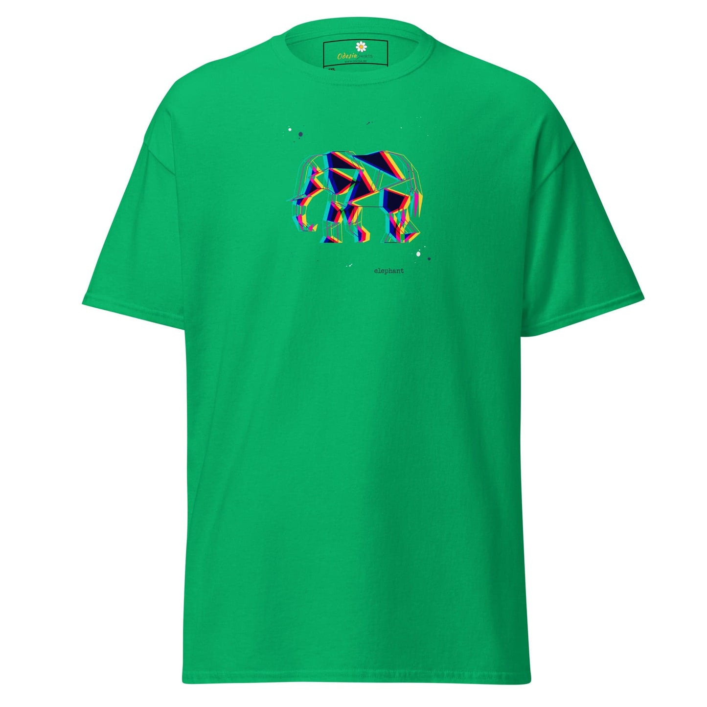 Green t-shirt with geometric elephant design.