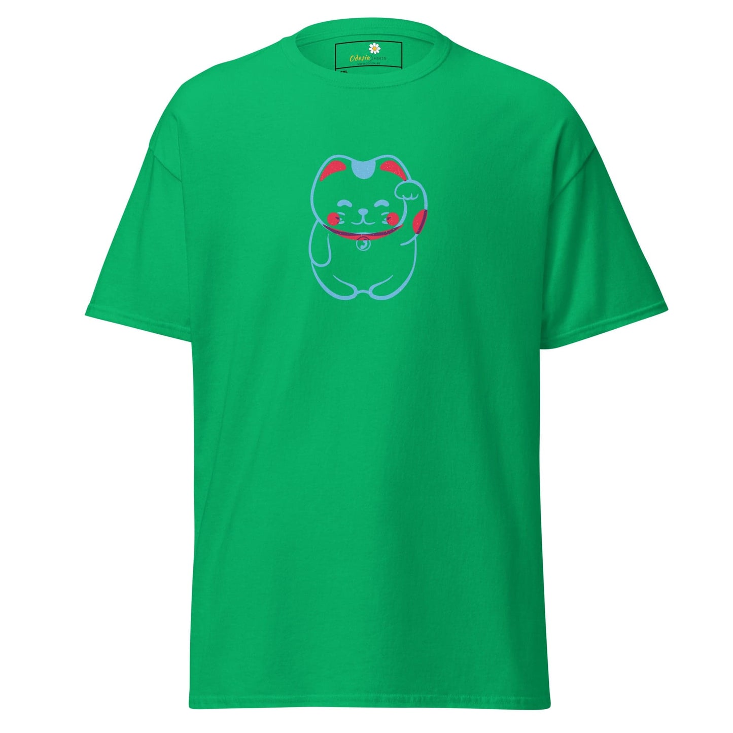 Green T-shirt with a cartoon cat design for men and women in 2XL to 5XL sizes