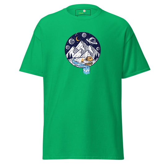 Green t-shirt with a camping scene.
