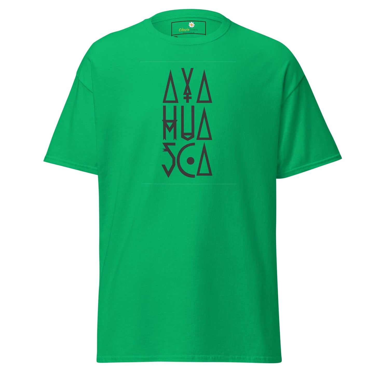 Green t-shirt with black text.