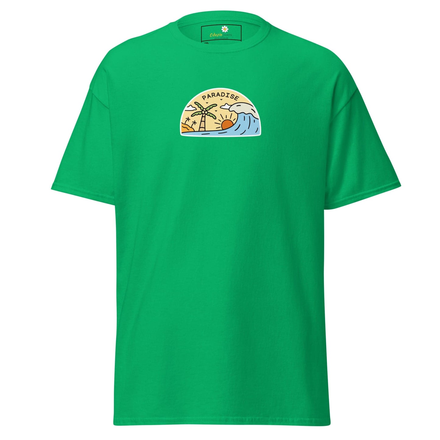 Green t-shirt with a beach scene.