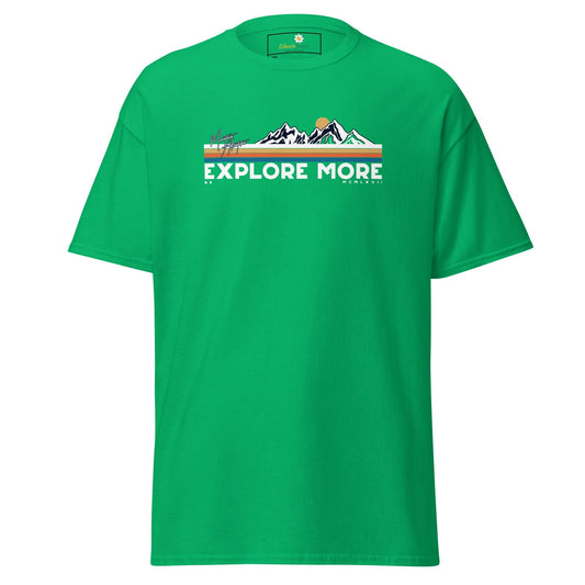 Green t-shirt with mountain graphic.