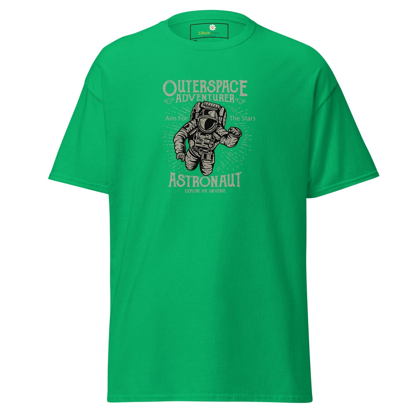 Green t-shirt with astronaut graphic.