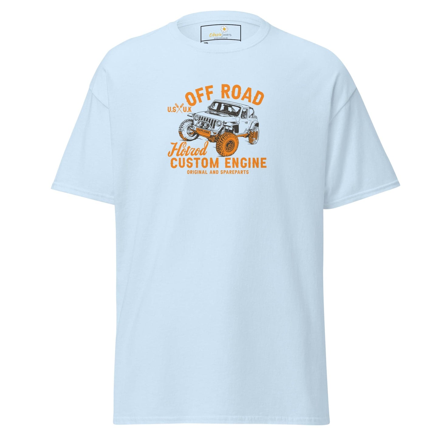 Light blue t-shirt with off-road vehicle graphic.