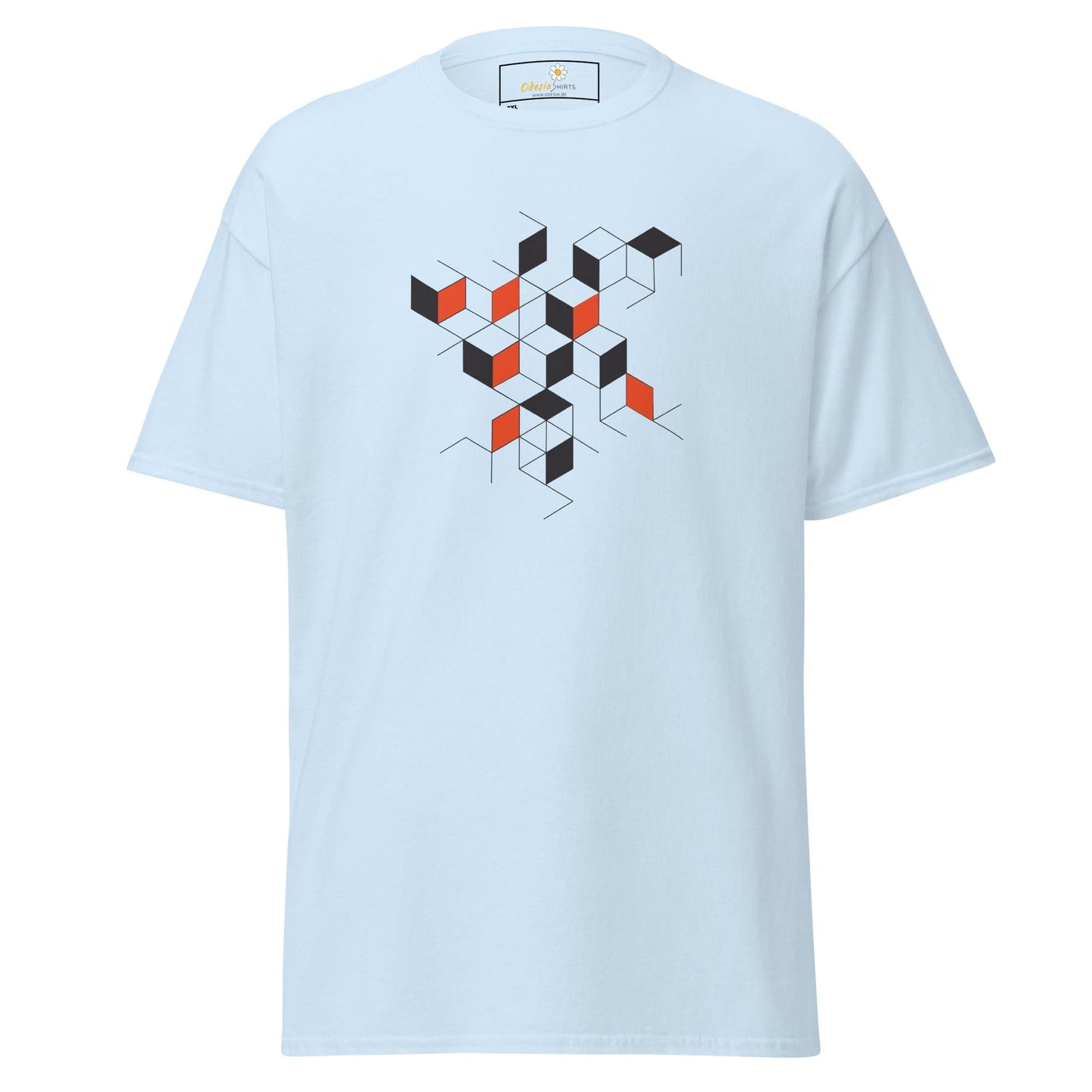 Light blue T-shirt with geometric cube design, suitable for men and women, available in 2XL to 5XL