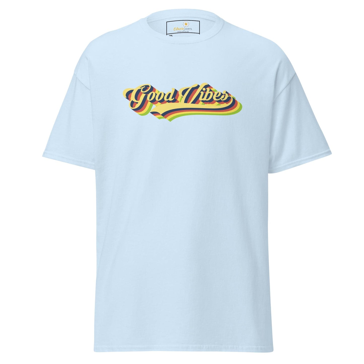 Light blue t-shirt with ’Good Vibes’ graphic.