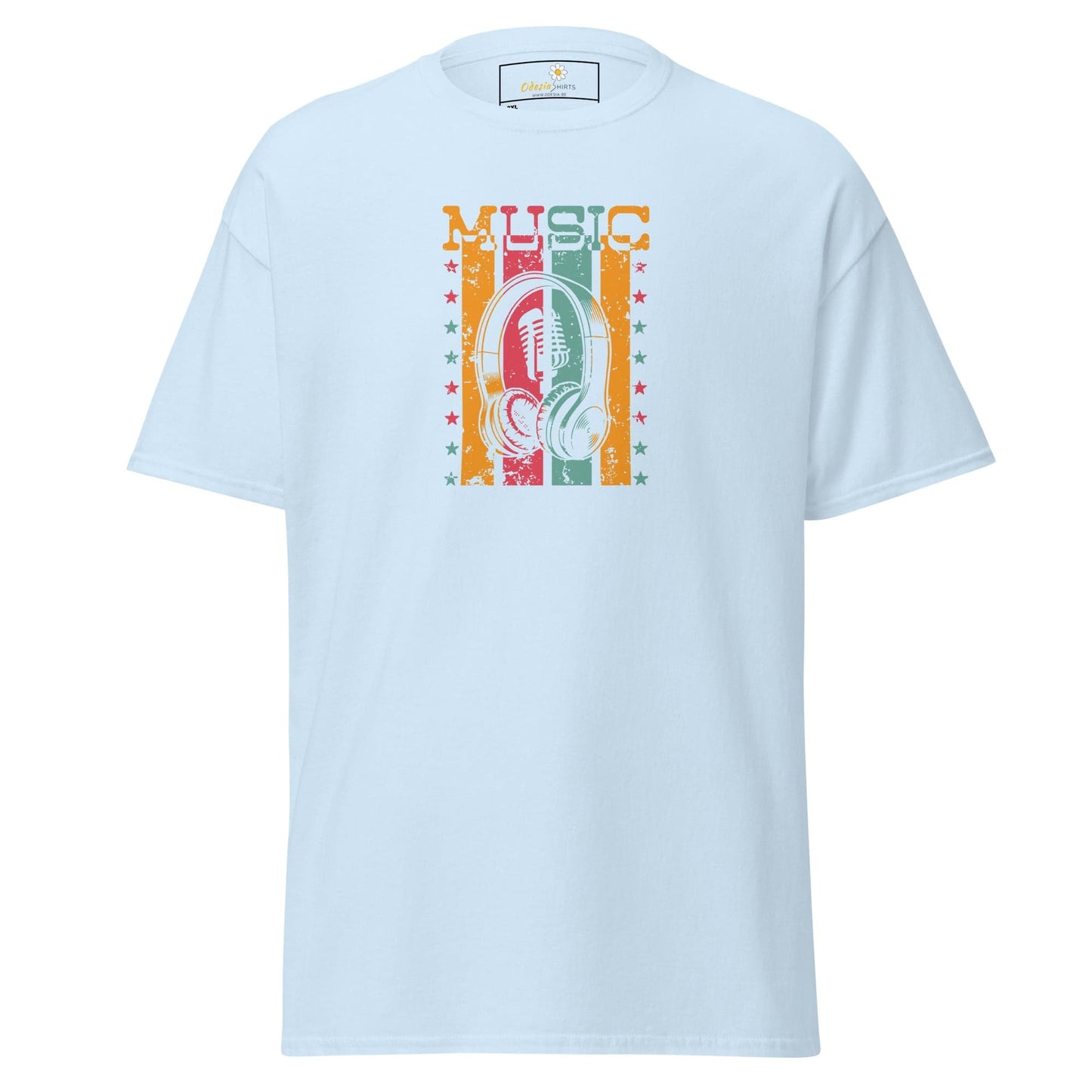 Light blue T-shirt with music design for men and women in sizes 2XL to 5XL