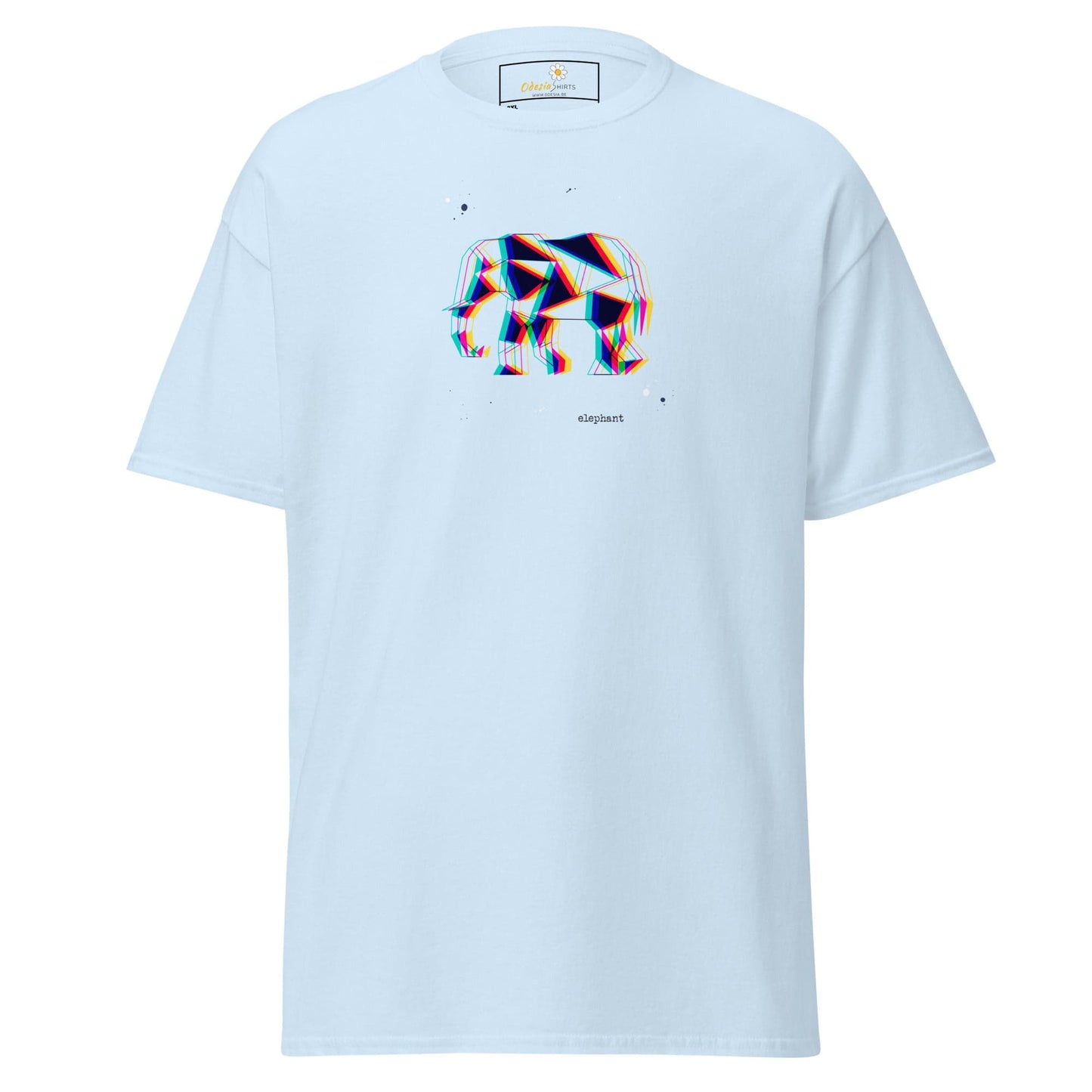 Light blue t-shirt with geometric elephant design.