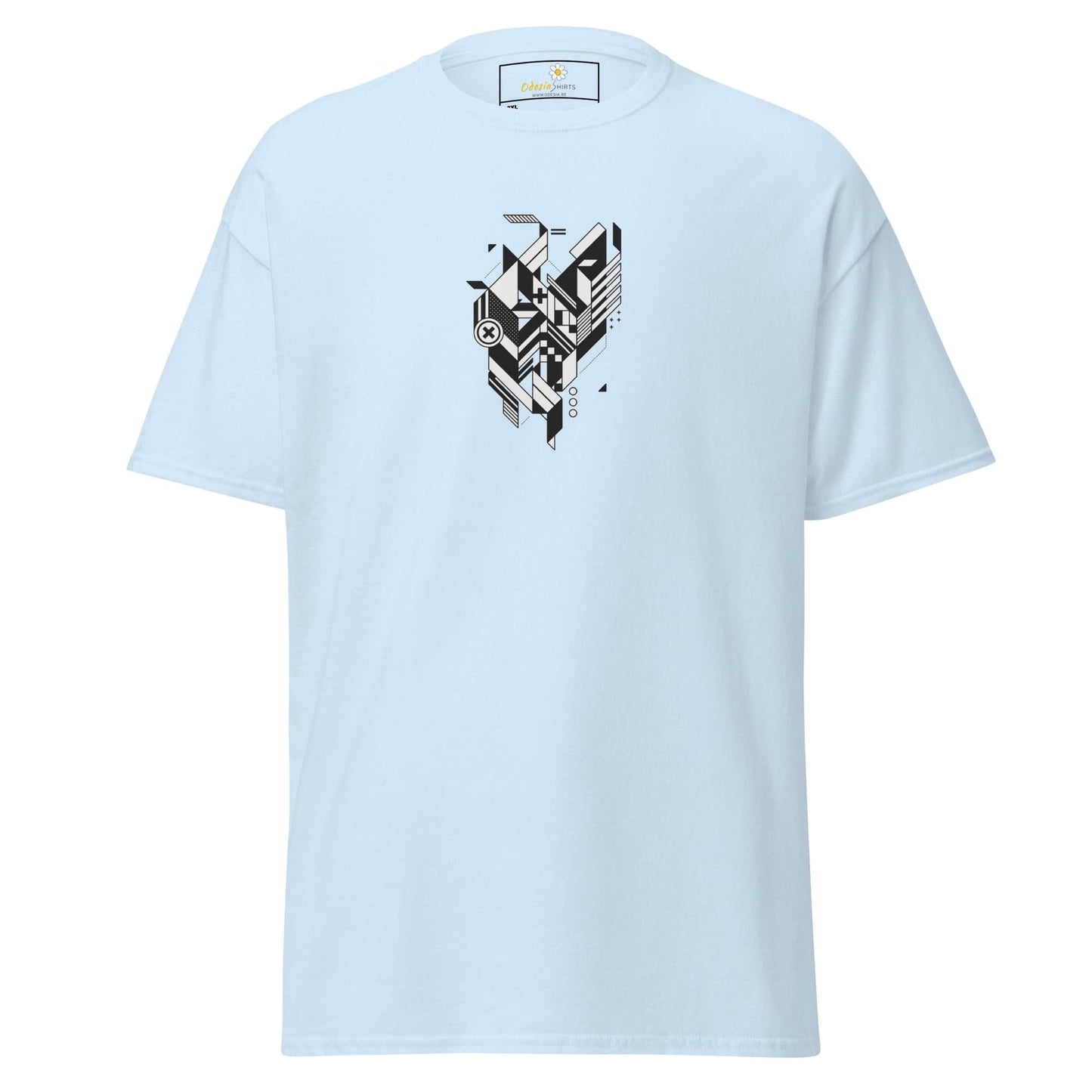 Light blue t-shirt with geometric design.